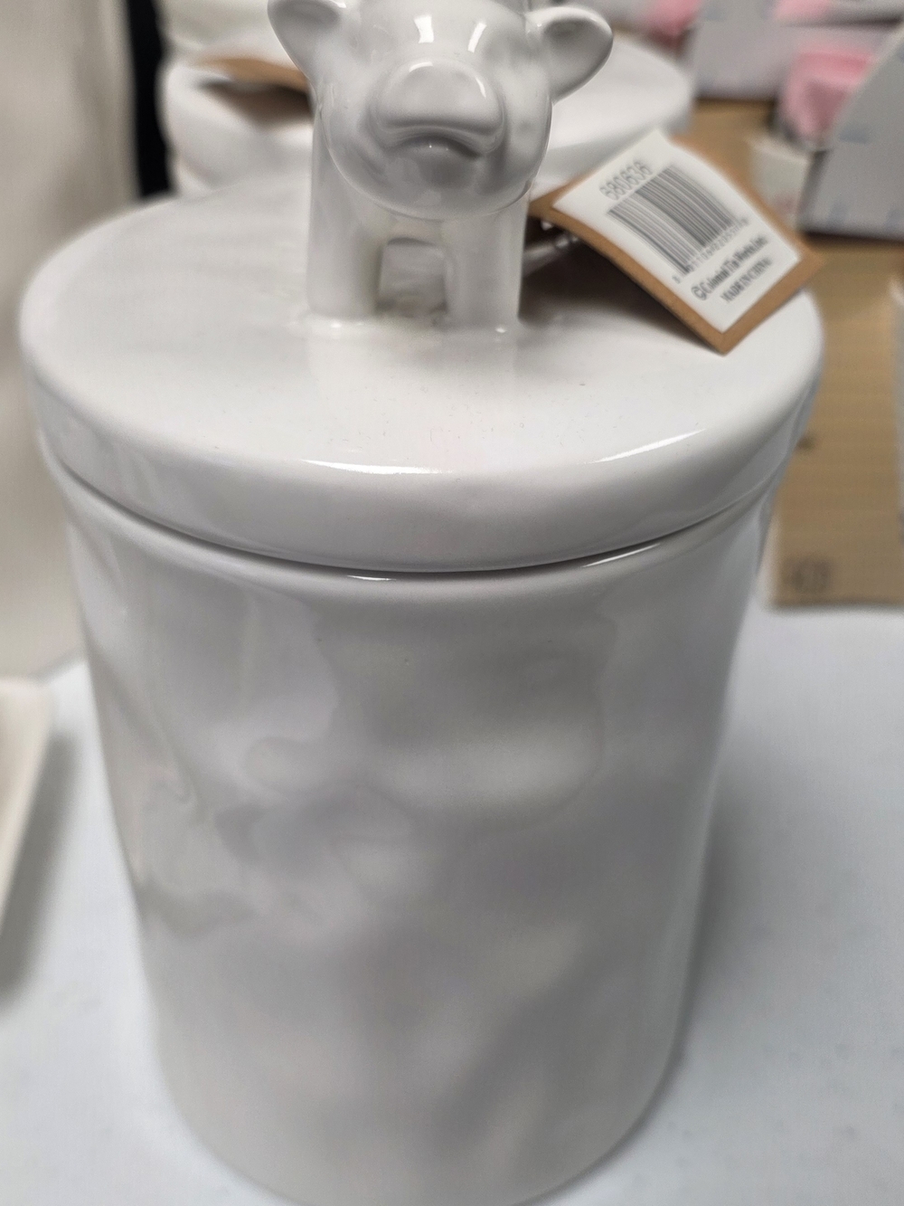 Ceramic White Canister with Cow Lid - Home Kitchen Food Storage 9.5 Inches Tall